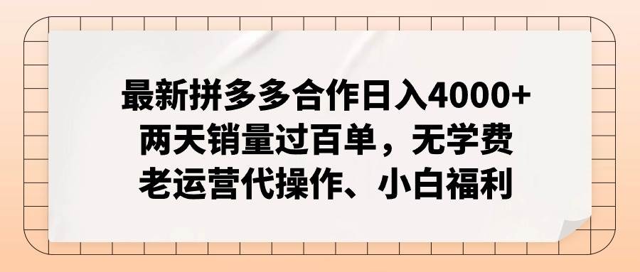 最新拼多多合作日入4000+两天销量过百单，无学费、老运营代操作、小白福利-伊恩资源网